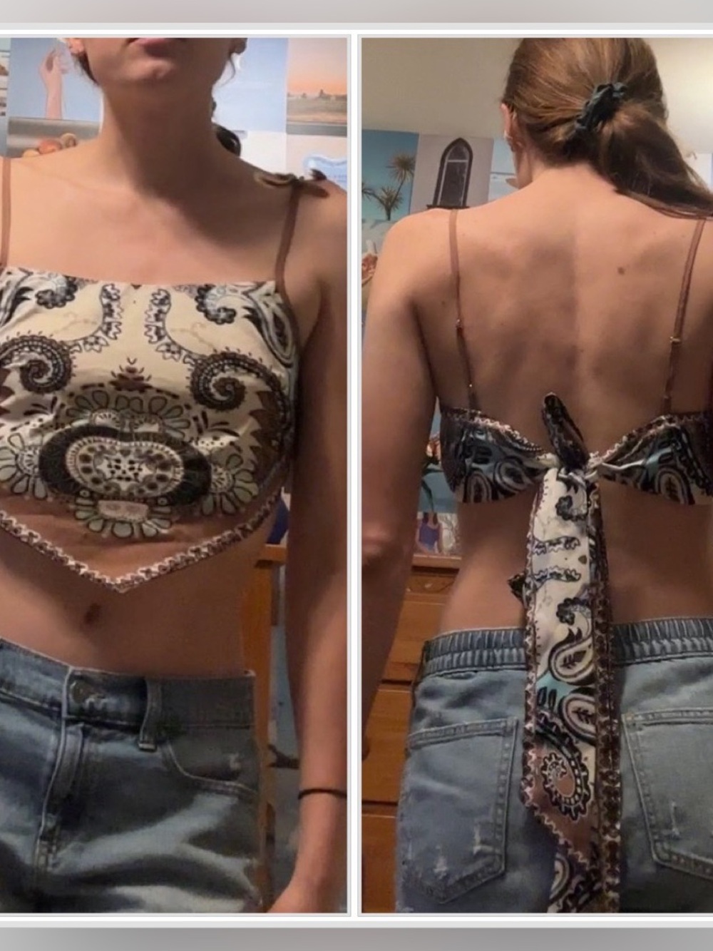 SHEIN Brown and Cream Paisley Tie-Back Cropped Camisole